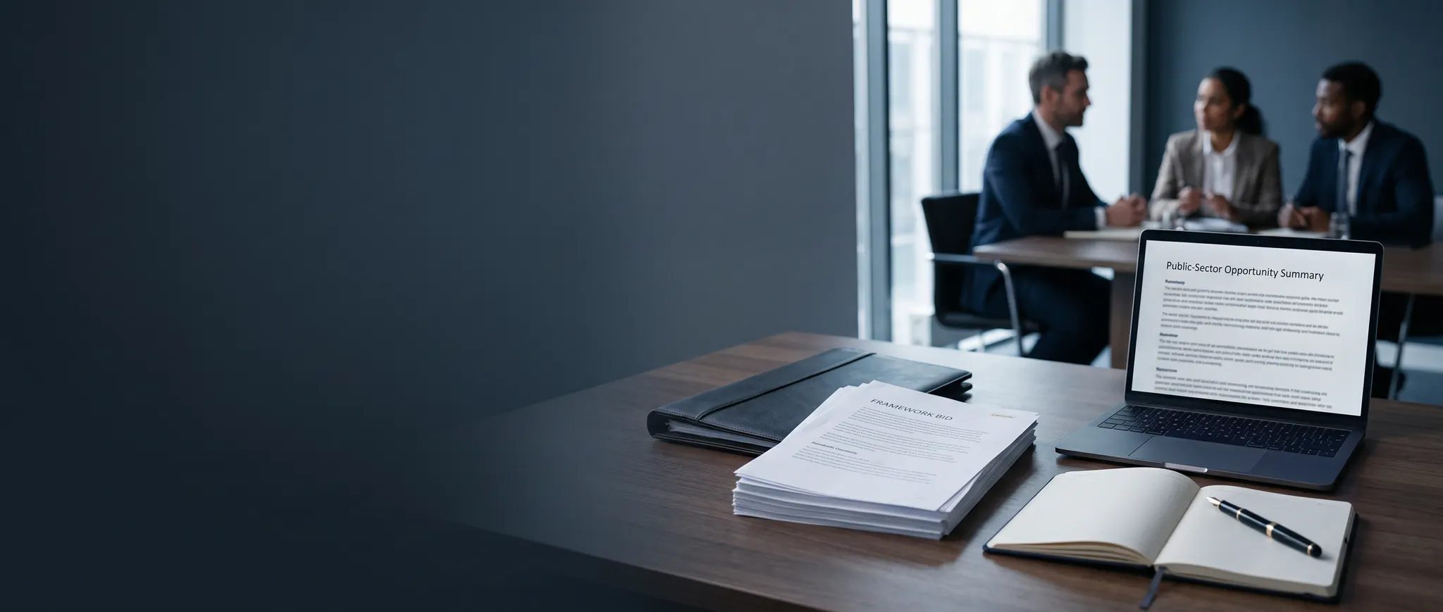 Tender documents and a business-winning team in a modern office